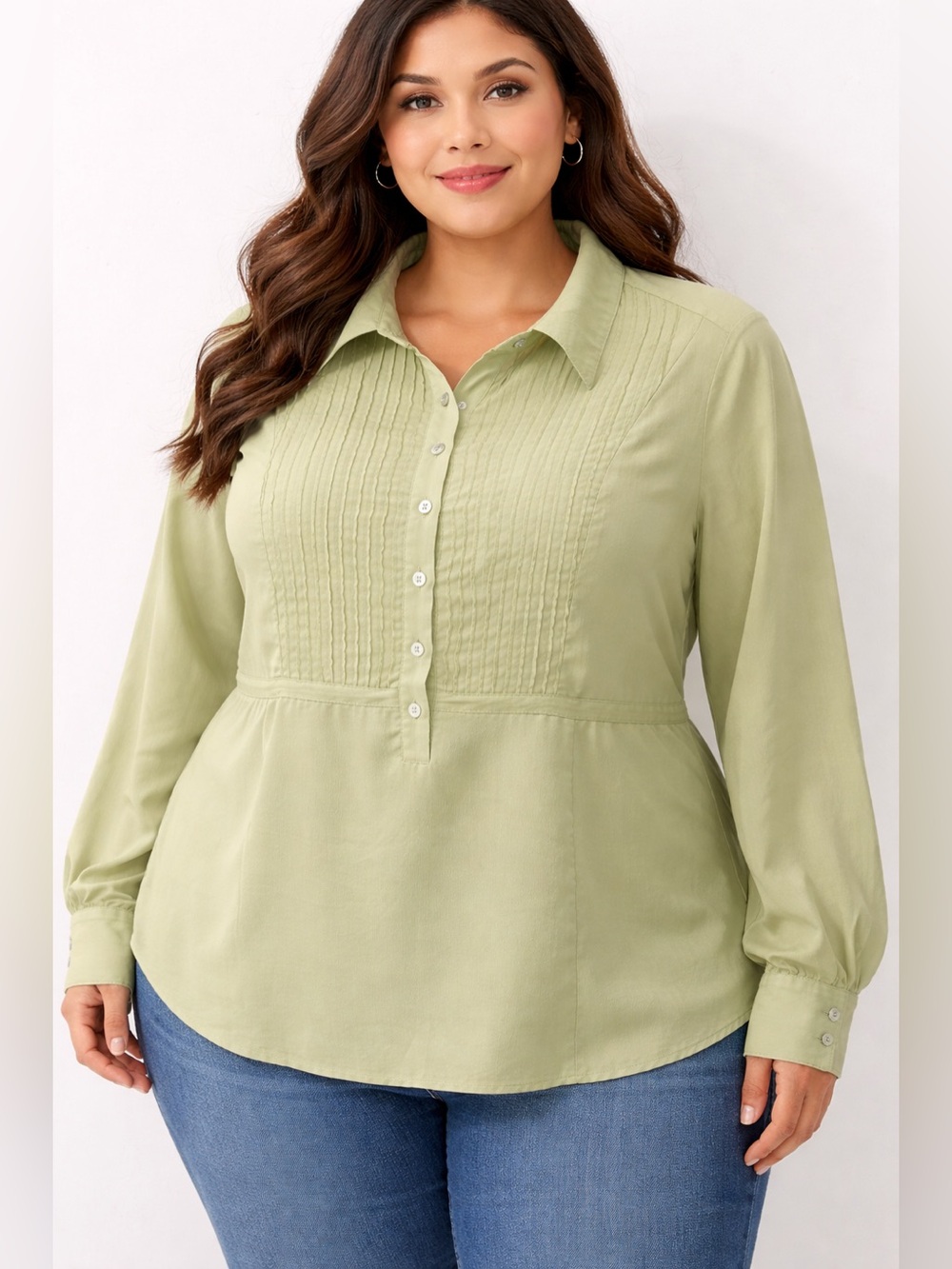 Adolfo sage green long-sleeve blouse with pintuck details on the front Sz (3X)